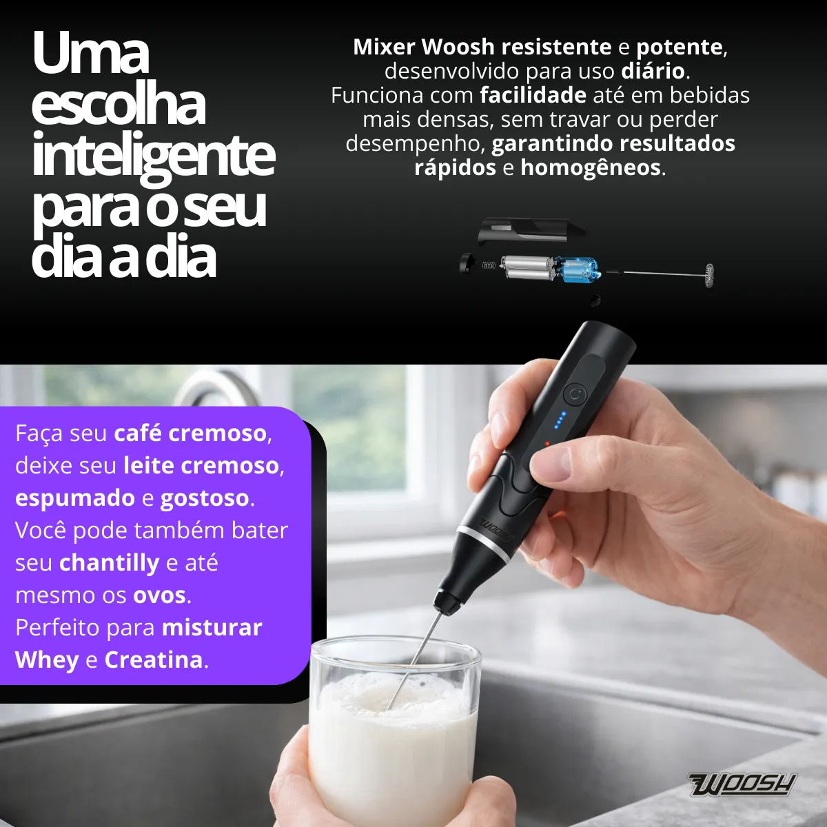 Mixer Elétrico Portátil 2 em 1 Recarregável Potente Misturador de Bebidas e Ovos 3 Velocidades Usb Batedor e Fue Fouet Marca Woosh - Imagem 2