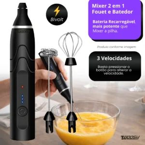 Mixer Elétrico Portátil 2 em 1 Recarregável Potente Misturador de Bebidas e Ovos 3 Velocidades Usb Batedor e Fue Fouet Marca Woosh