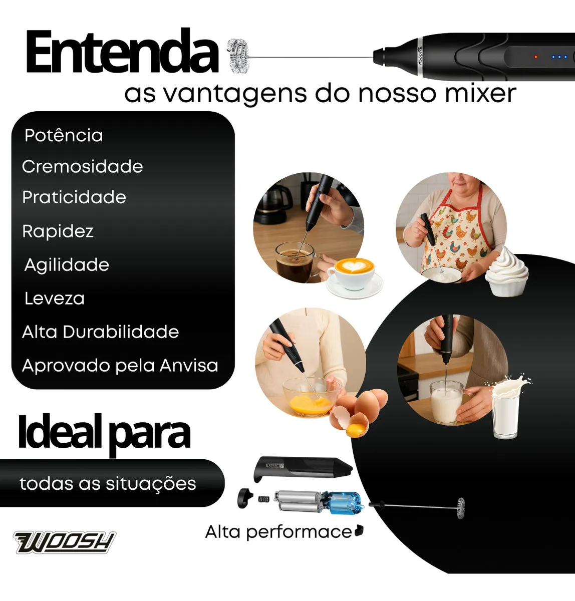 Mixer Elétrico Portátil 2 em 1 Recarregável Potente Misturador de Bebidas e Ovos 3 Velocidades Usb Batedor e Fue Fouet Marca Woosh - Imagem 5