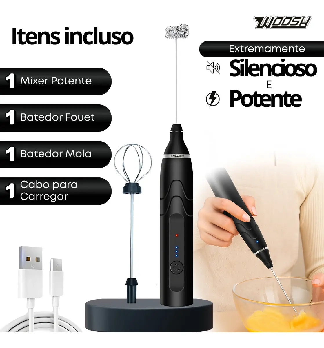 Mixer Elétrico Portátil 2 em 1 Recarregável Potente Misturador de Bebidas e Ovos 3 Velocidades Usb Batedor e Fue Fouet Marca Woosh - Imagem 6