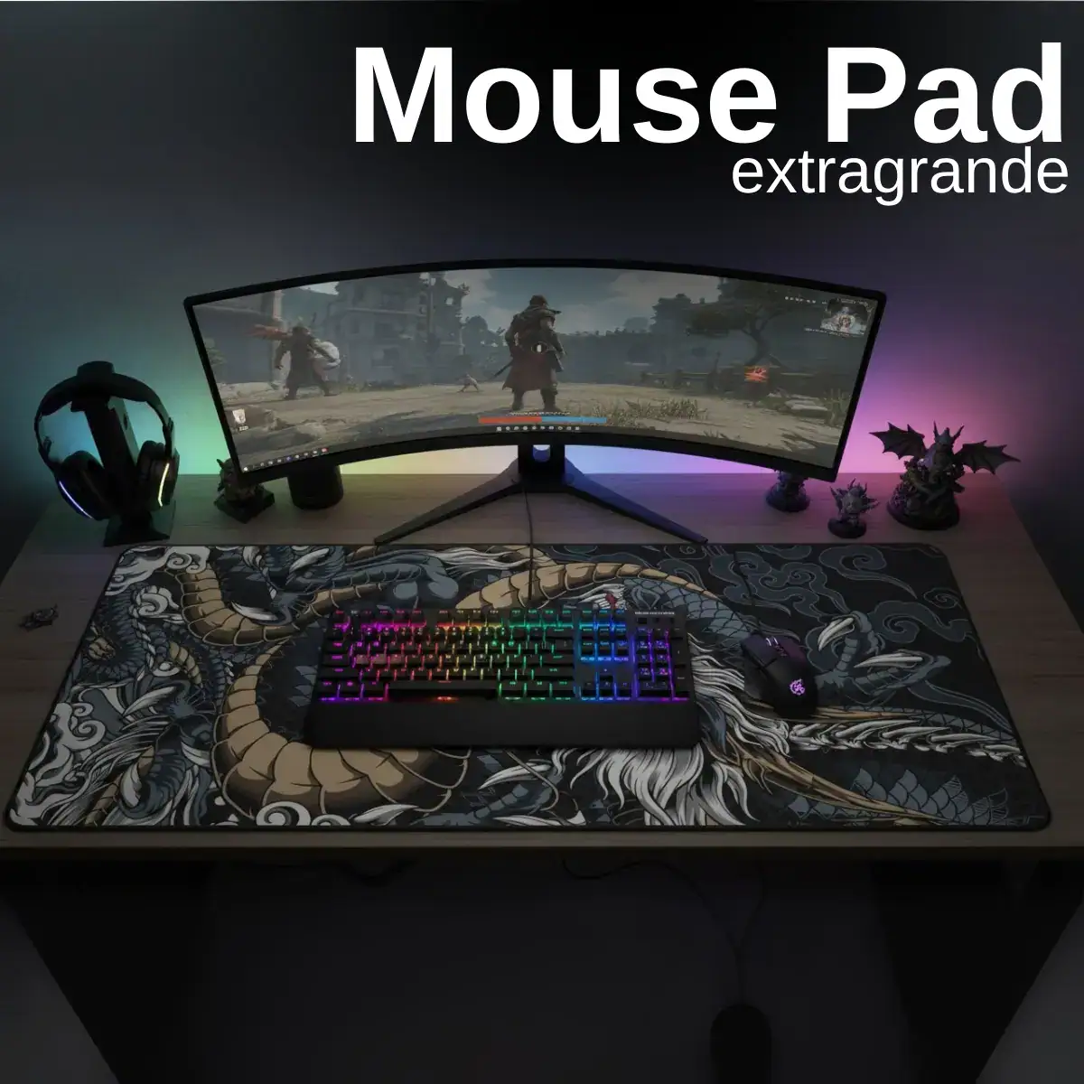 Mouse Pad Gamer Grande 70x35 Speed Pro Antiderrapante Drgão Azul Digital Informática