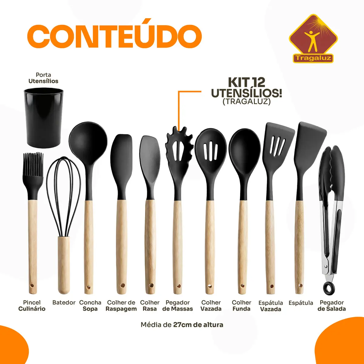 Kit 12 Utensilios De Cozinha Em Silicone Com Escumadeira Cabo De Madeira Antiaderente Resistente Para Cozinhar Tragaluz Preto - Imagem 2