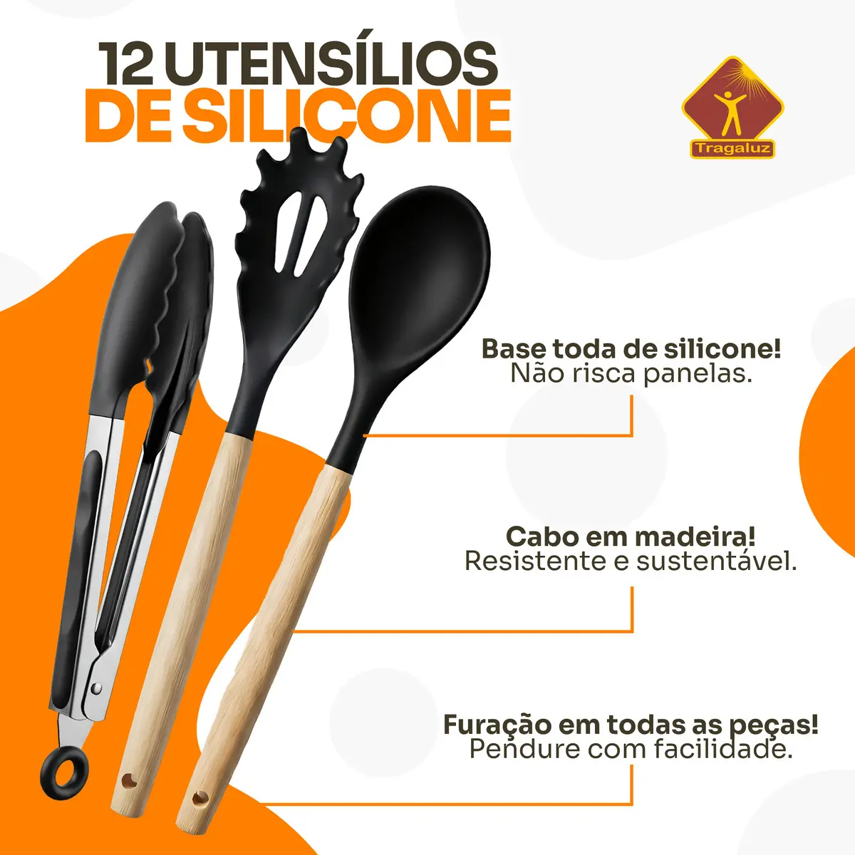 Kit 12 Utensilios De Cozinha Em Silicone Com Escumadeira Cabo De Madeira Antiaderente Resistente Para Cozinhar Tragaluz Preto - Imagem 4