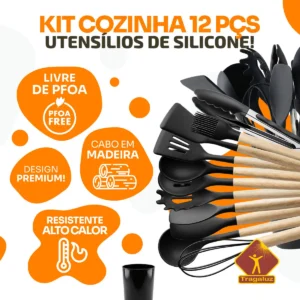 Kit 12 Utensilios De Cozinha Em Silicone Com Escumadeira Cabo De Madeira Antiaderente Resistente Para Cozinhar Tragaluz Preto
