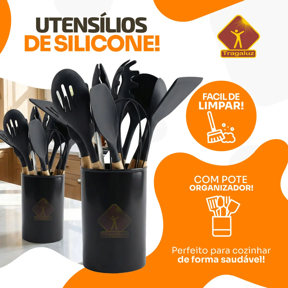 Kit 12 Utensilios De Cozinha Em Silicone Com Escumadeira Cabo De Madeira Antiaderente Resistente Para Cozinhar Tragaluz Preto - Imagem 7