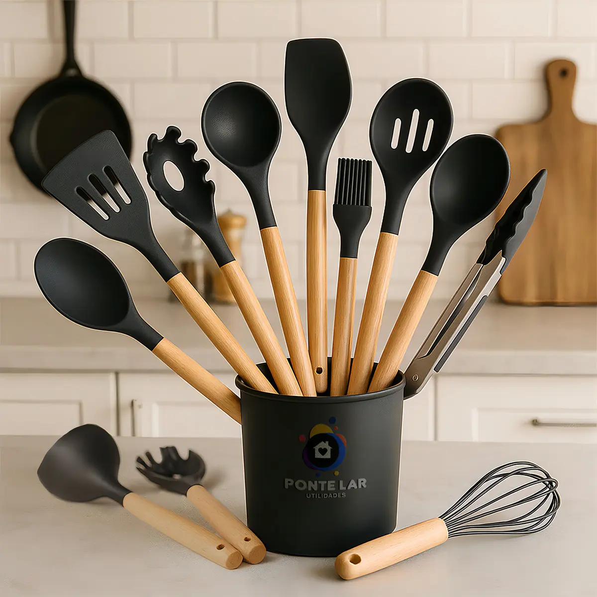 Kit Completo 12 Utensílios De Cozinha Silicone Cabo Madeira Alta Resistência Antiaderente Durável Design Moderno Ideal Para Cozinhar e Servir Com Segurança Ponte Lar Utilidades - Imagem 7