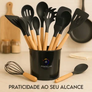 Kit Completo 12 Utensílios De Cozinha Silicone Cabo Madeira Alta Resistência Antiaderente Durável Design Moderno Ideal Para Cozinhar e Servir Com Segurança Ponte Lar Utilidades