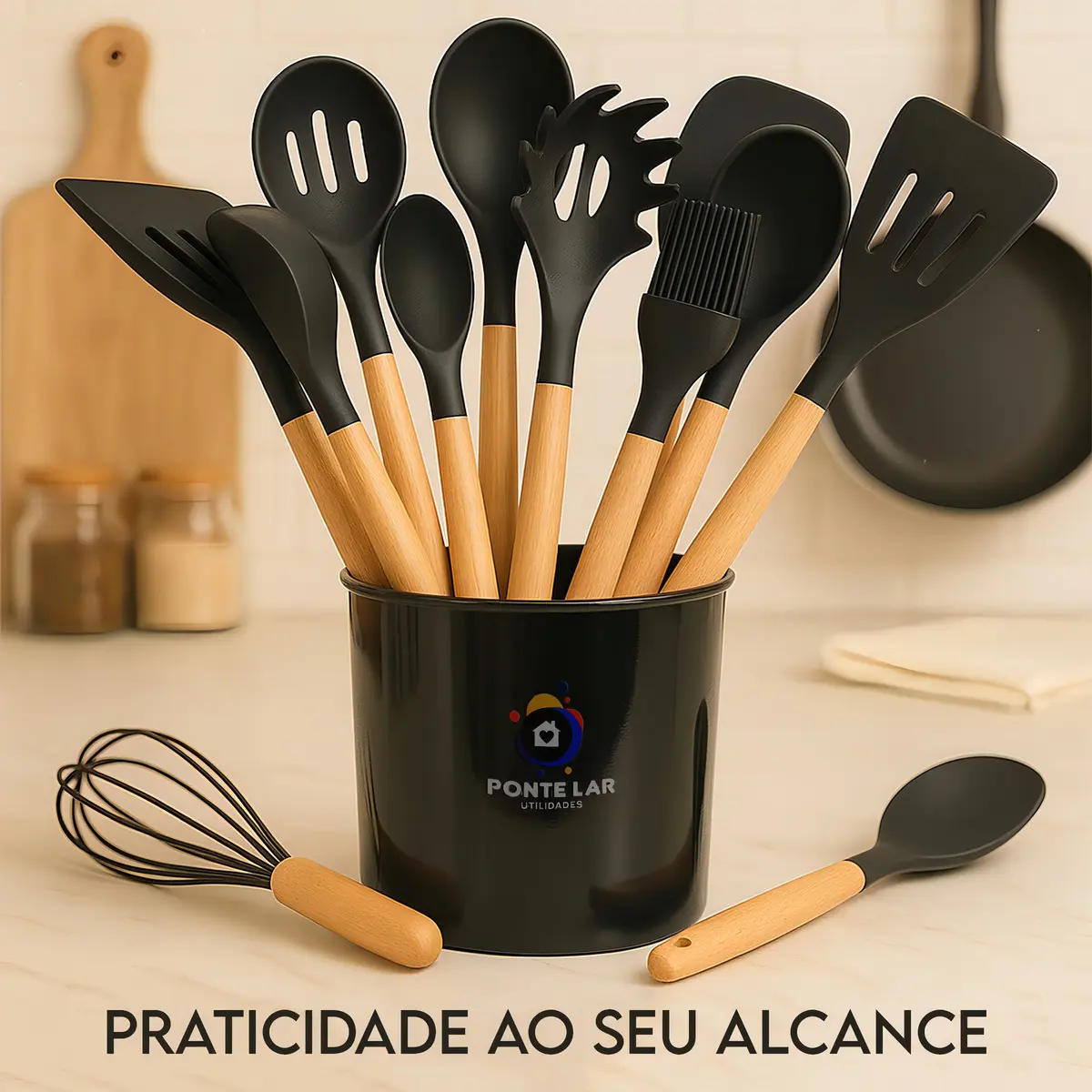 Kit Completo 12 Utensílios De Cozinha Silicone Cabo Madeira Alta Resistência Antiaderente Durável Design Moderno Ideal Para Cozinhar e Servir Com Segurança Ponte Lar Utilidades