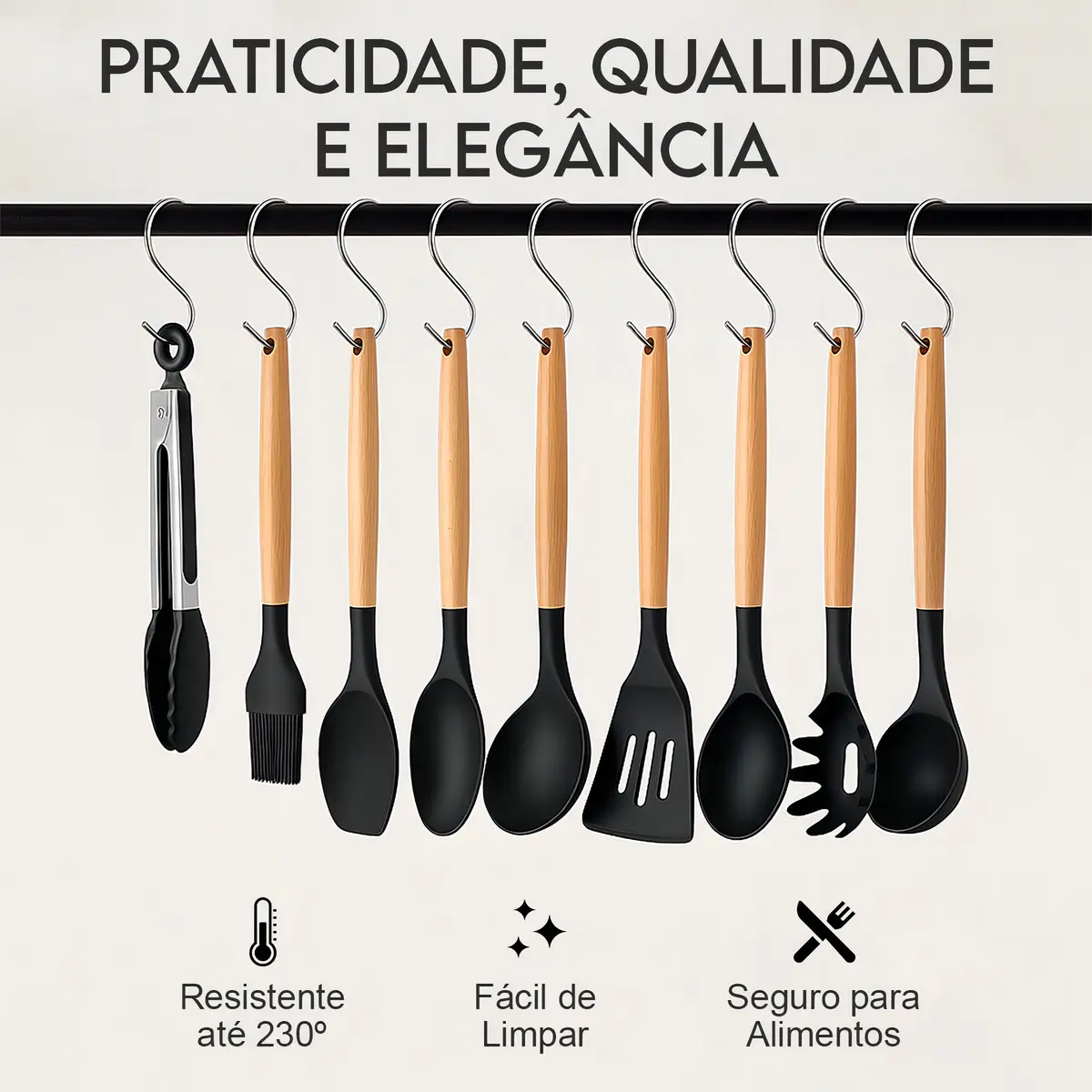 Kit Completo 12 Utensílios De Cozinha Silicone Cabo Madeira Alta Resistência Antiaderente Durável Design Moderno Ideal Para Cozinhar e Servir Com Segurança Ponte Lar Utilidades - Imagem 4