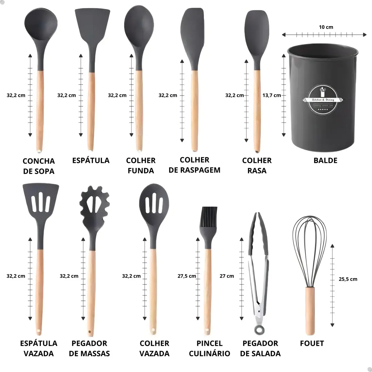 Kit Completo 12 Utensílios De Cozinha Silicone Cabo Madeira Alta Resistência Antiaderente Durável Design Moderno Ideal Para Cozinhar e Servir Com Segurança Ponte Lar Utilidades - Imagem 5