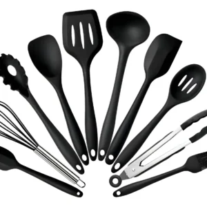 Jogo 10 Colheres De Silicone Cabo Inox Utensílios Cozinha Cor Preto
