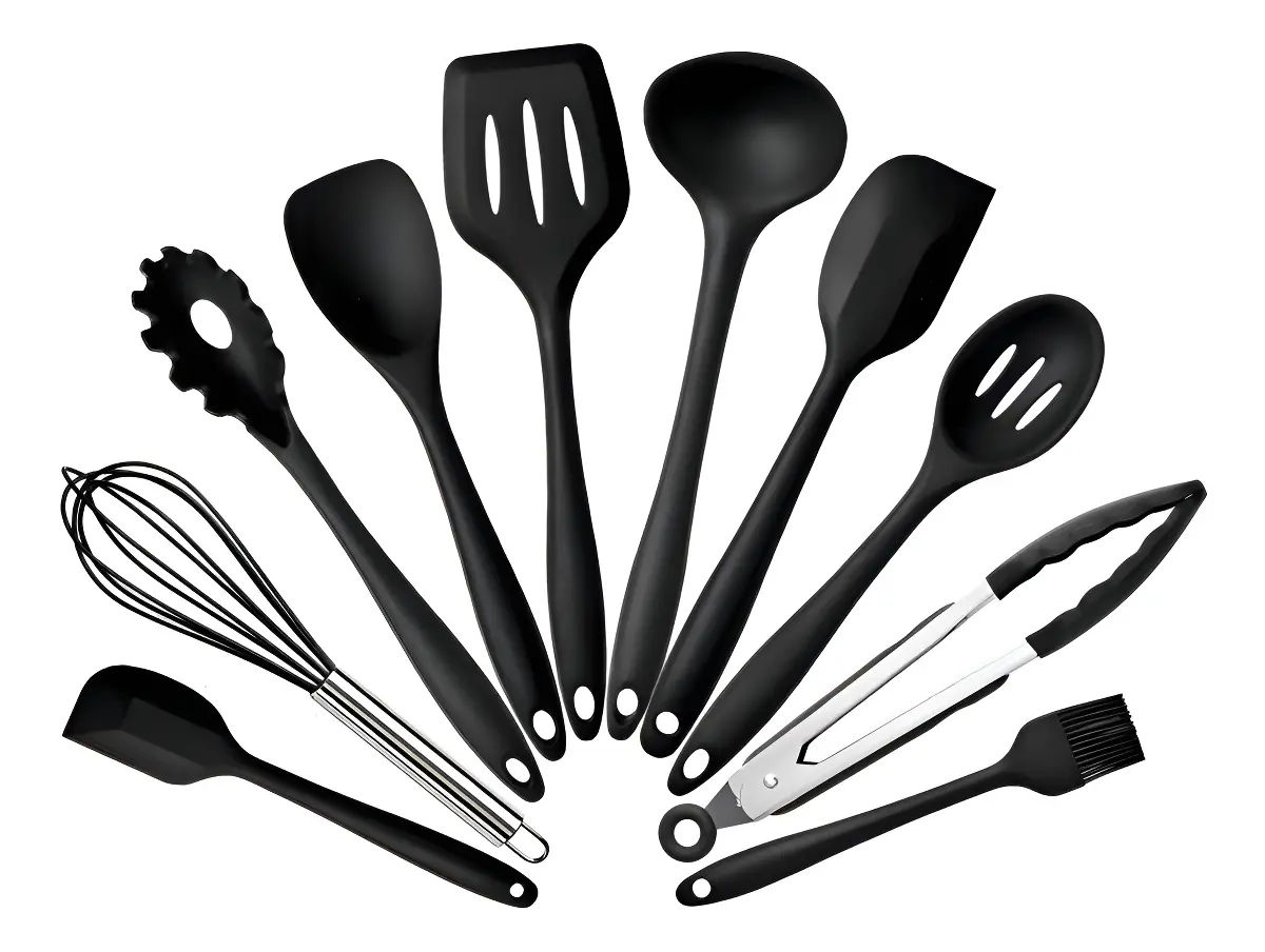 Jogo 10 Colheres De Silicone Cabo Inox Utensílios Cozinha Cor Preto