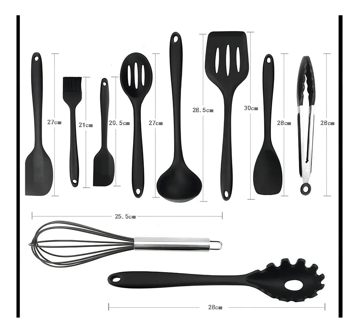 Jogo 10 Colheres De Silicone Cabo Inox Utensílios Cozinha Cor Preto - Imagem 2