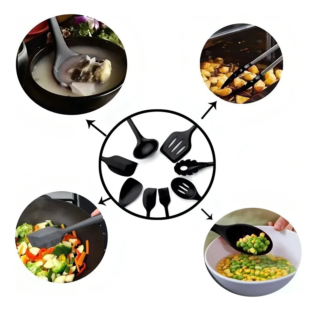 Jogo 10 Colheres De Silicone Cabo Inox Utensílios Cozinha Cor Preto - Imagem 3