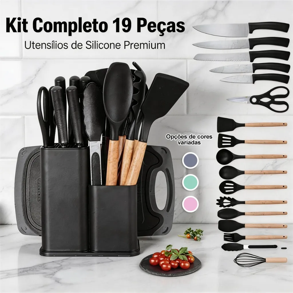Kit 19 Utensílios Para Cozinha Com Tábua E Espátula Preto - Imagem 7