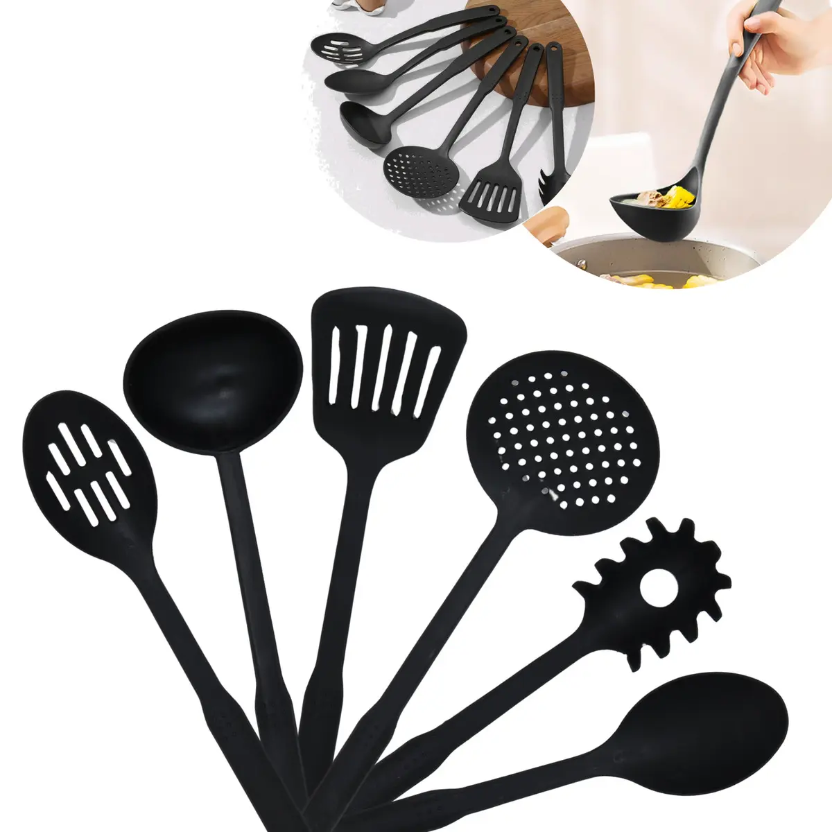 Kit 6 Utensílios De Cozinha Escumadeira Concha Colher Espátula Nylon Resistente Masterheart® - Imagem 2
