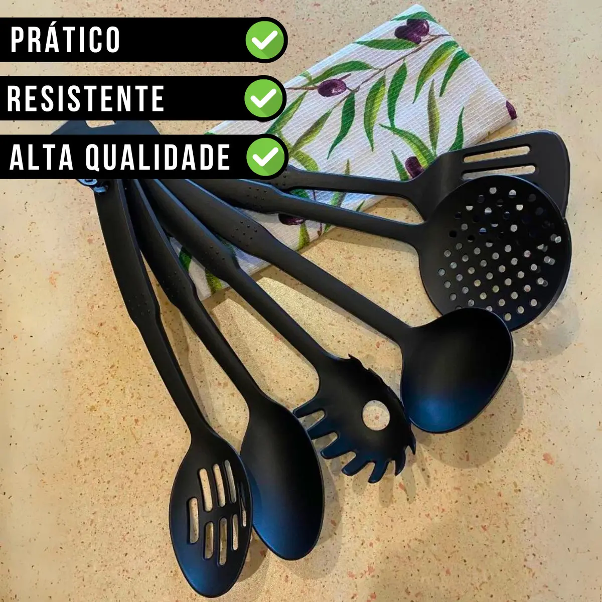 Kit 6 Utensílios De Cozinha Escumadeira Concha Colher Espátula Nylon Resistente Masterheart® - Imagem 3