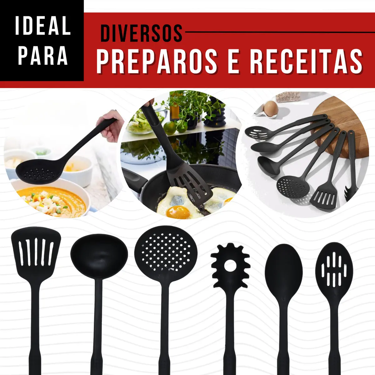 Kit 6 Utensílios De Cozinha Escumadeira Concha Colher Espátula Nylon Resistente Masterheart® - Imagem 5
