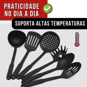Kit 6 Utensílios De Cozinha Escumadeira Concha Colher Espátula Nylon Resistente Masterheart®