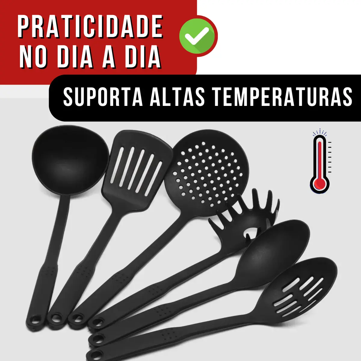 Kit 6 Utensílios De Cozinha Escumadeira Concha Colher Espátula Nylon Resistente Masterheart®