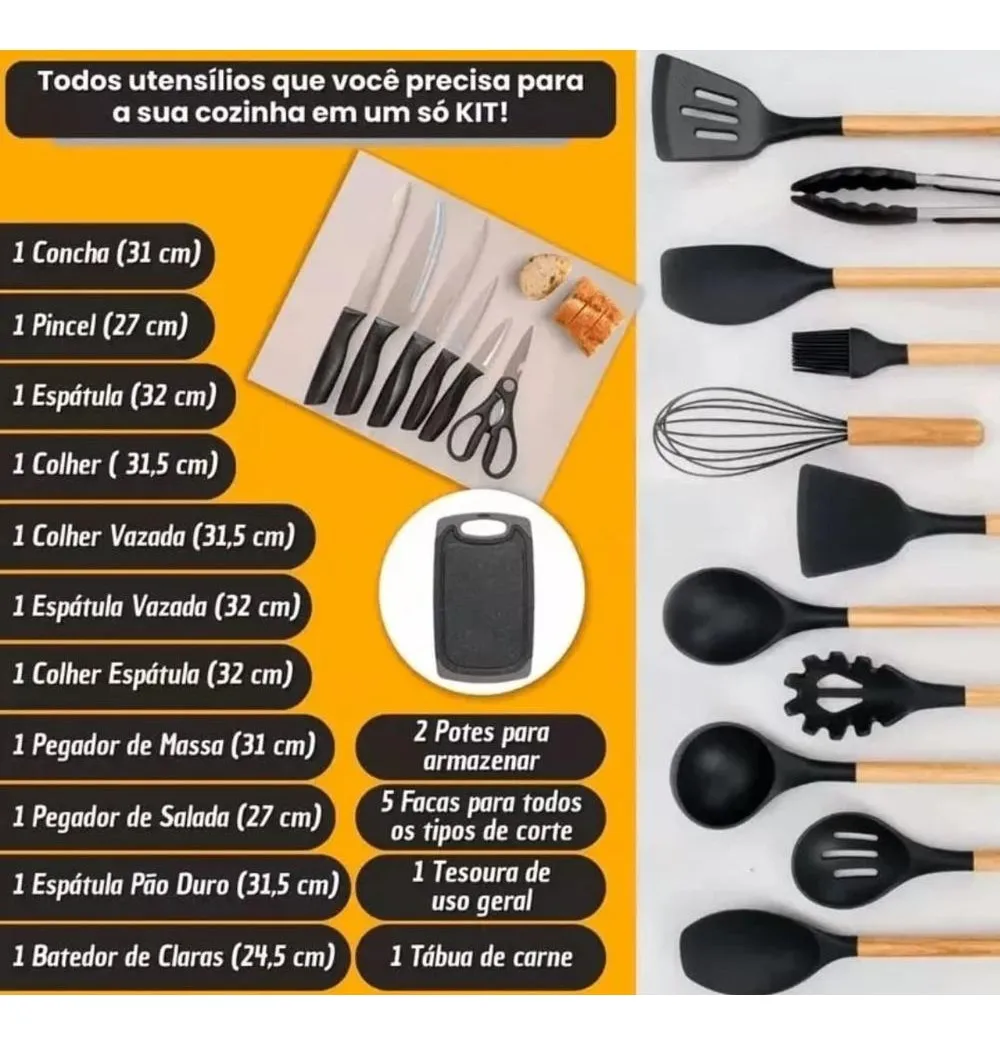 Kit 19 Utensílios Para Cozinha Com Tábua E Espátula Preto - Imagem 3
