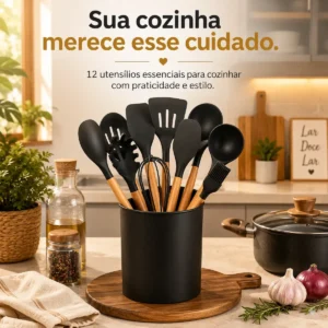 Kit Utensílios Cozinha 12 Peças Silicone Cabo Madeira