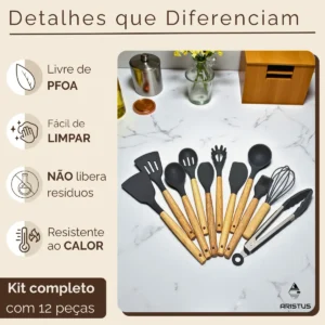 Kit 12 Utensílios De Silicone Com Cabo De Madeira - Marca Aristus Com Alta Resistência, Durável E Com Design Moderno, Perfeito Para Sua Cozinha Cor Cinza