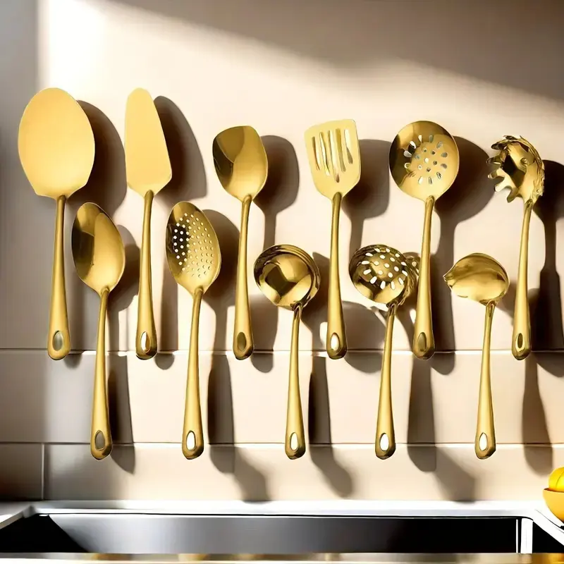 Kit 11 Utensílios Inox Dourado - Para Salada Cozinha - Imagem 7