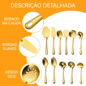 Kit 11 Utensílios Inox Dourado - Para Salada Cozinha
