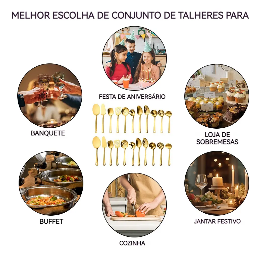 Kit 11 Utensílios Inox Dourado - Para Salada Cozinha - Imagem 6