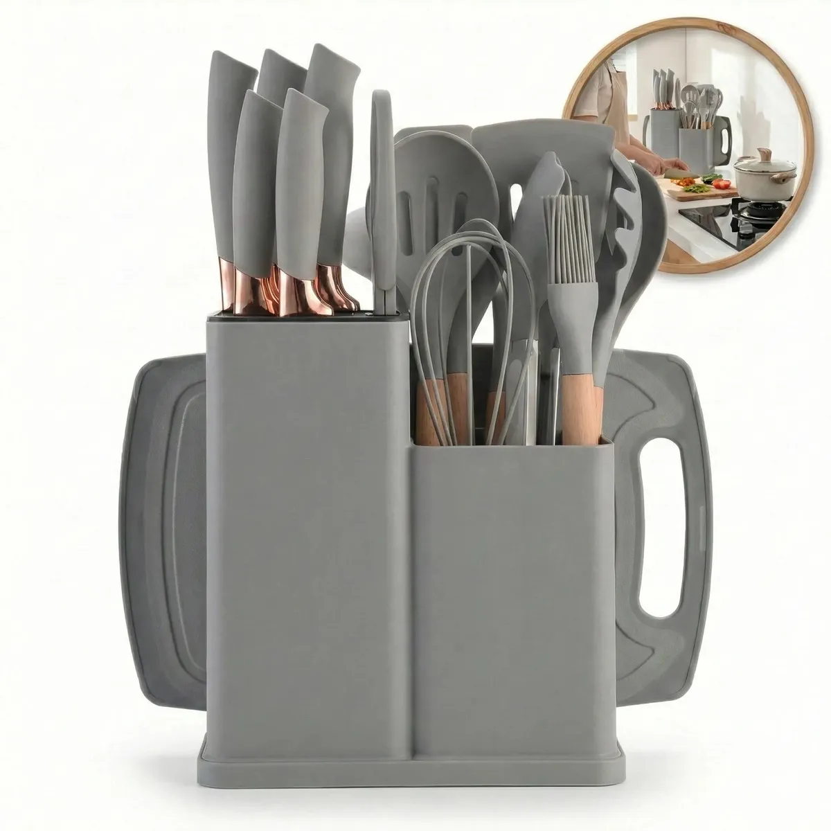 Kit de Utensílios de Cozinha 19 Peças em Silicone Cinza com Cabo de Madeira para Antiaderente – Shokki