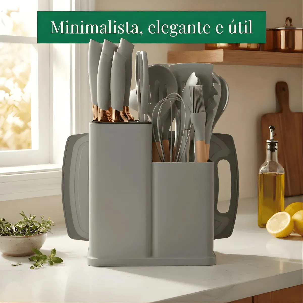 Kit de Utensílios de Cozinha 19 Peças em Silicone Cinza com Cabo de Madeira para Antiaderente – Shokki - Imagem 3