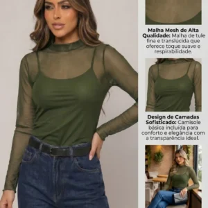 Blusa Manga Longa De Tule Feminina Moda Casual Elegante
