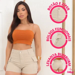 Short Jeans Feminino Shorts Cargo Com Lycra Cintura Alta