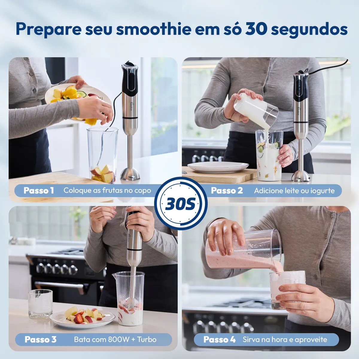 Mixer De Mão Portátil 8 Velocidades 3 Em 1 Inox 800w Kookin Knhb1008 Multifuncional Com Função Turbo E Lâminas Aprimoradas 2 Afiadas + 2 Reforçadas Em Aço Inox 304 - Imagem 6