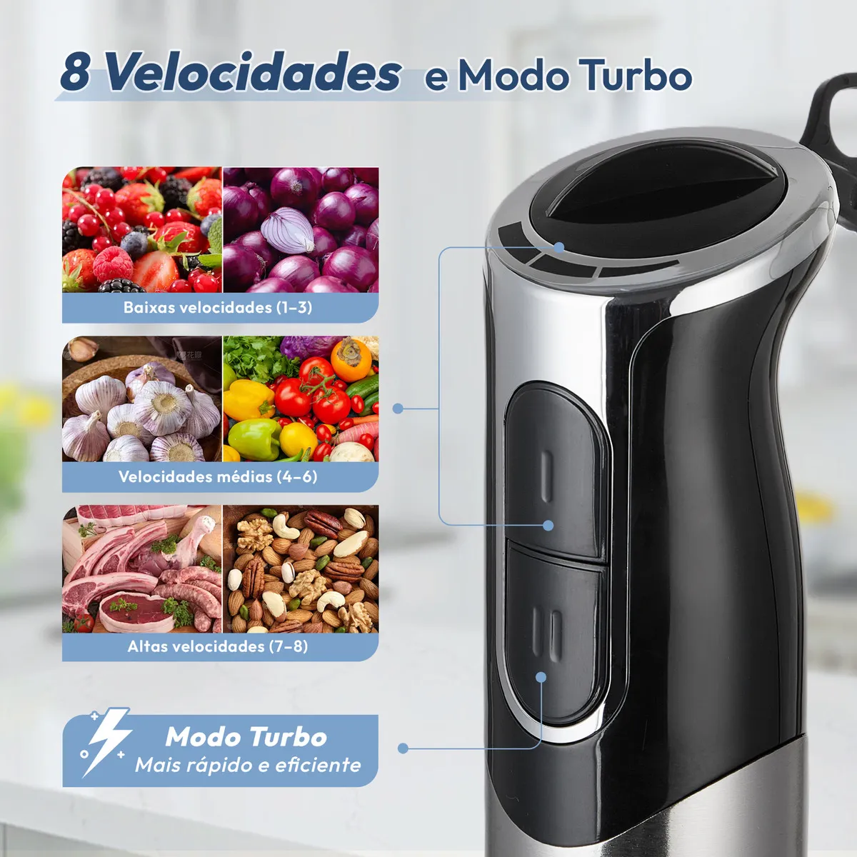Mixer De Mão Portátil 8 Velocidades 3 Em 1 Inox 800w Kookin Knhb1008 Multifuncional Com Função Turbo E Lâminas Aprimoradas 2 Afiadas + 2 Reforçadas Em Aço Inox 304 - Imagem 2
