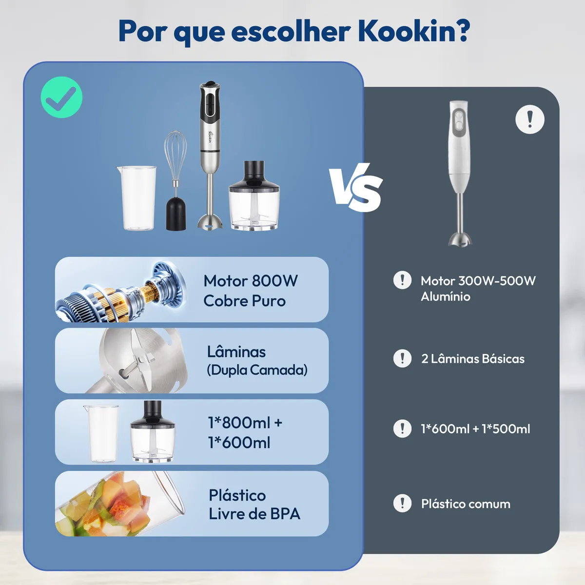 Mixer De Mão Portátil 8 Velocidades 3 Em 1 Inox 800w Kookin Knhb1008 Multifuncional Com Função Turbo E Lâminas Aprimoradas 2 Afiadas + 2 Reforçadas Em Aço Inox 304 - Imagem 3