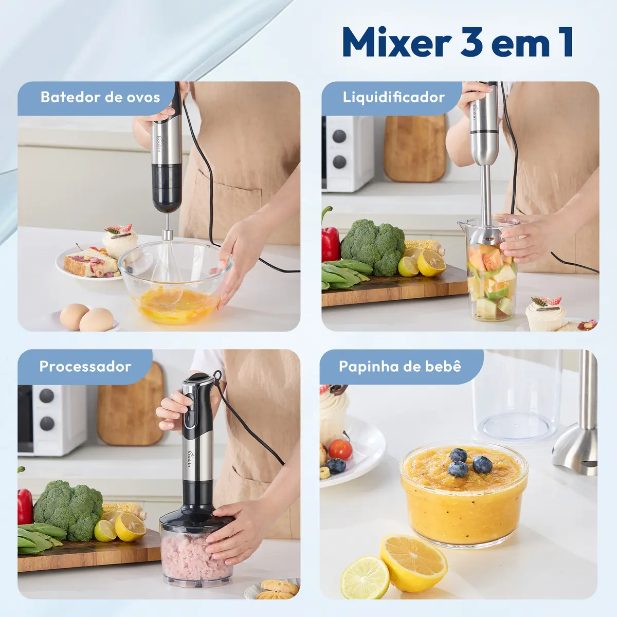 Mixer De Mão Portátil 8 Velocidades 3 Em 1 Inox 800w Kookin Knhb1008 Multifuncional Com Função Turbo E Lâminas Aprimoradas 2 Afiadas + 2 Reforçadas Em Aço Inox 304 - Imagem 4