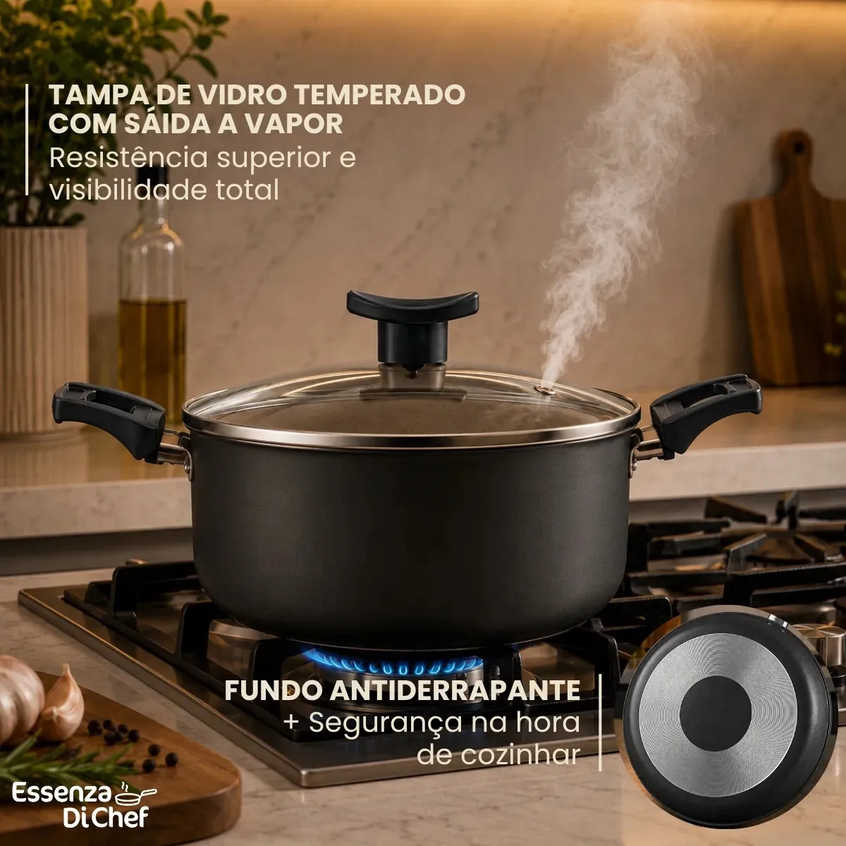 Conjunto De Panelas 9 Peças Antiaderente Com Tampa De Vidro E Utensílios Fogão A Gás Preto Bege - Imagem 3