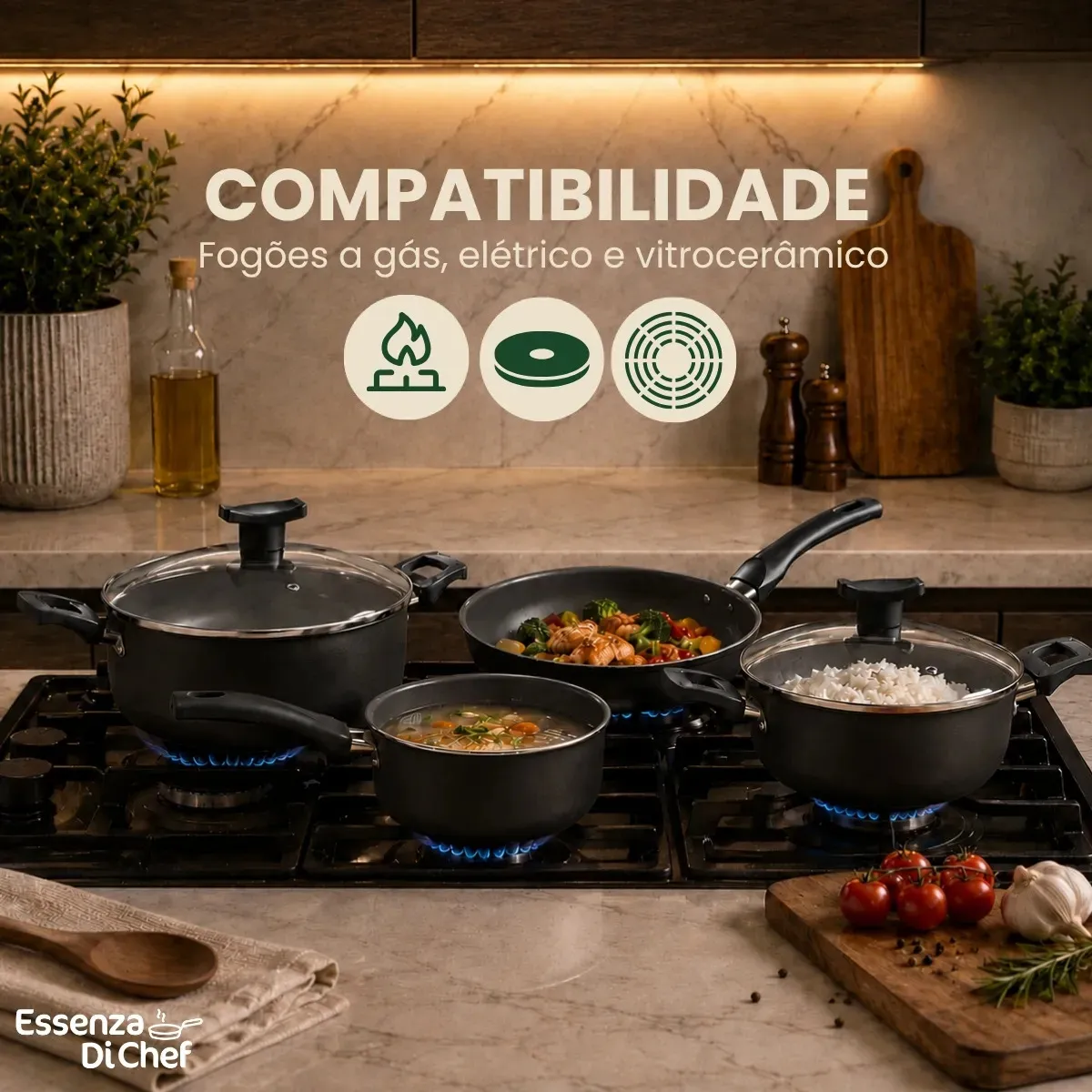 Conjunto De Panelas 9 Peças Antiaderente Com Tampa De Vidro E Utensílios Fogão A Gás Preto - Imagem 3