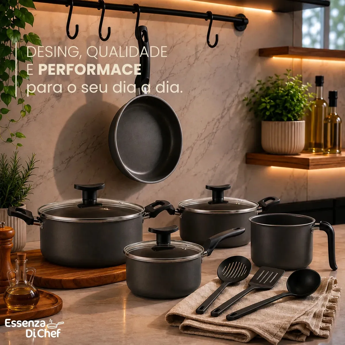 Conjunto De Panelas 9 Peças Antiaderente Com Tampa De Vidro E Utensílios Fogão A Gás Preto