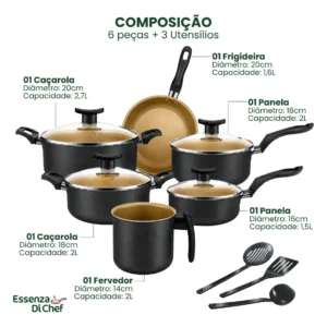 Conjunto De Panelas 9 Peças Antiaderente Com Tampa De Vidro E Utensílios Fogão A Gás Preto Bege