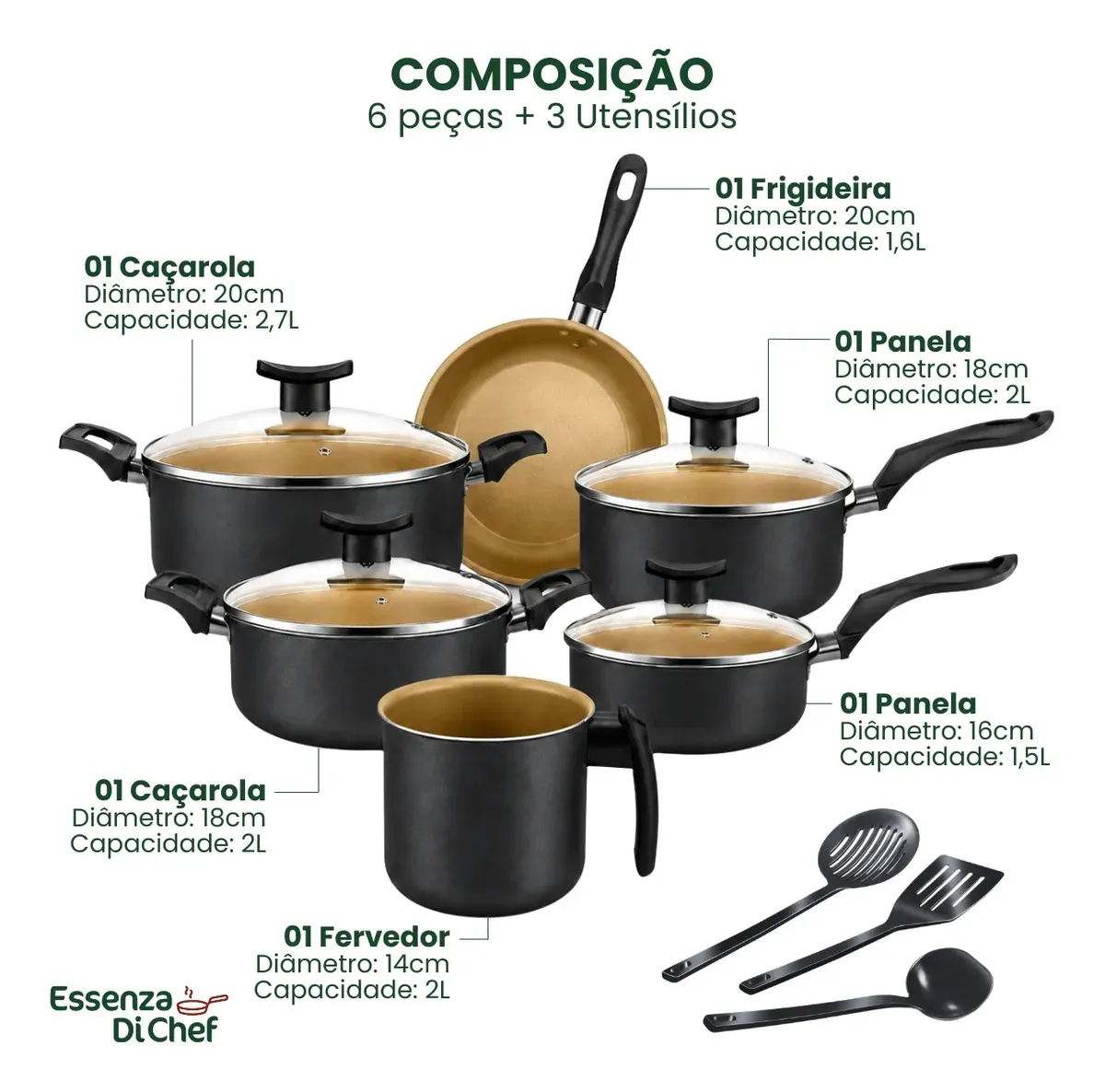 Conjunto De Panelas 9 Peças Antiaderente Com Tampa De Vidro E Utensílios Fogão A Gás Preto Bege