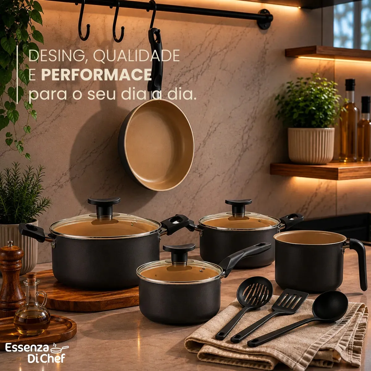 Conjunto De Panelas 9 Peças Antiaderente Com Tampa De Vidro E Utensílios Fogão A Gás Preto Bege - Imagem 7