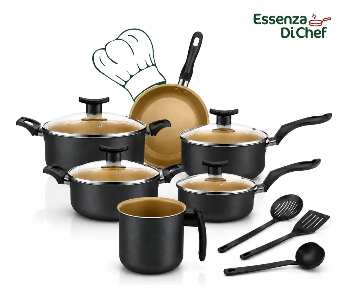 Conjunto De Panelas 9 Peças Antiaderente Com Tampa De Vidro E Utensílios Fogão A Gás Preto Bege - Imagem 8