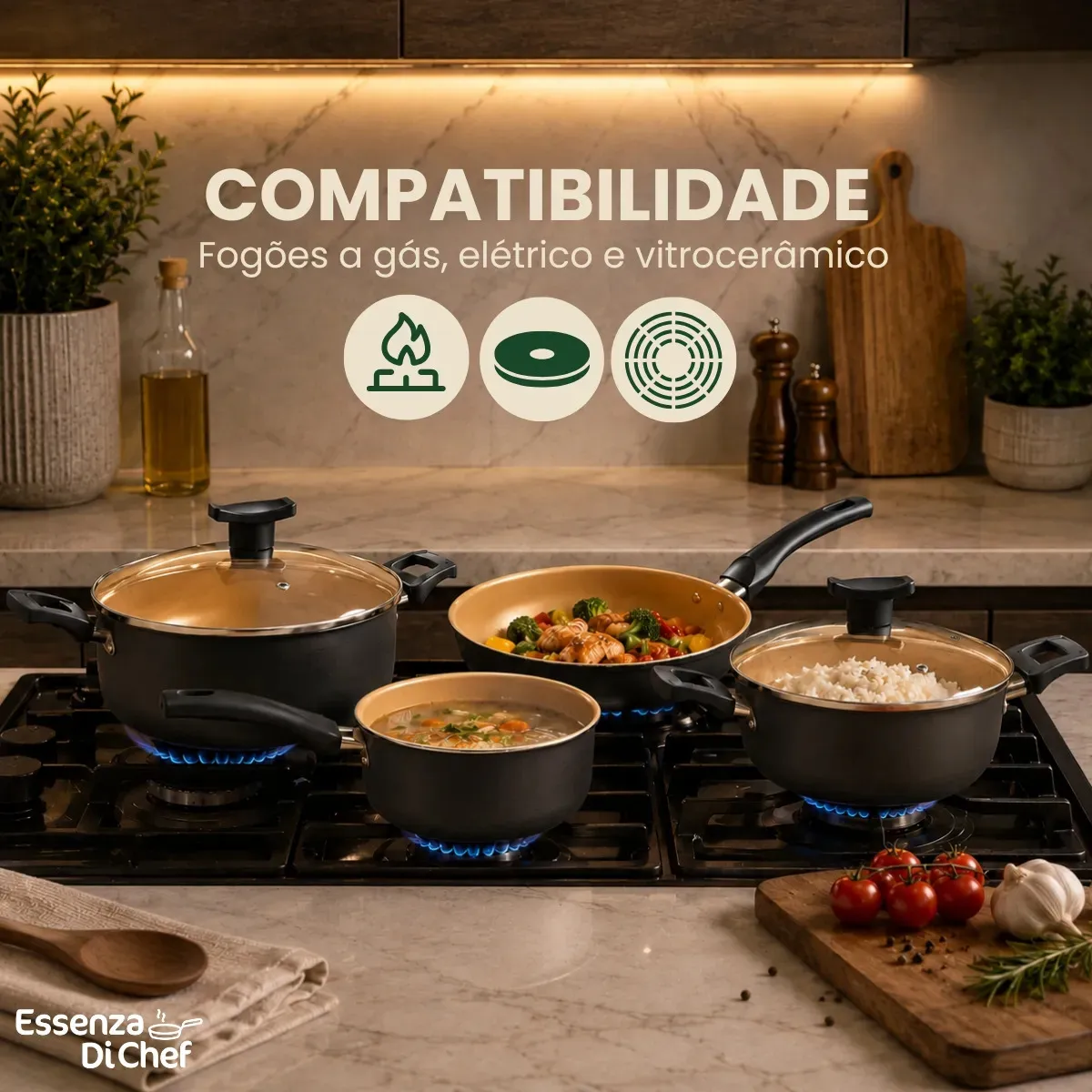 Conjunto De Panelas 9 Peças Antiaderente Com Tampa De Vidro E Utensílios Fogão A Gás Preto Bege - Imagem 2