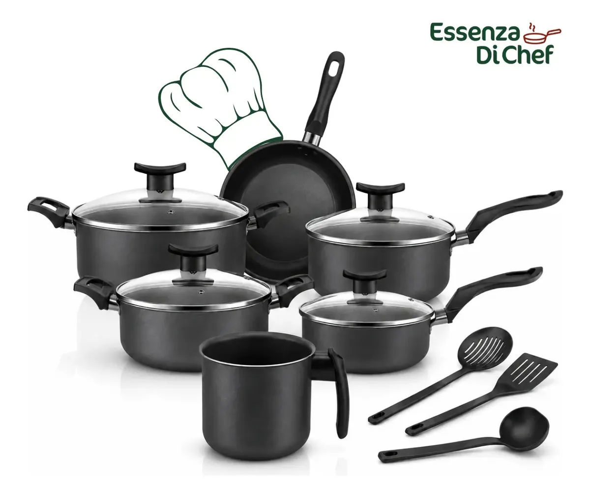 Conjunto De Panelas 9 Peças Antiaderente Com Tampa De Vidro E Utensílios Fogão A Gás Preto - Imagem 7