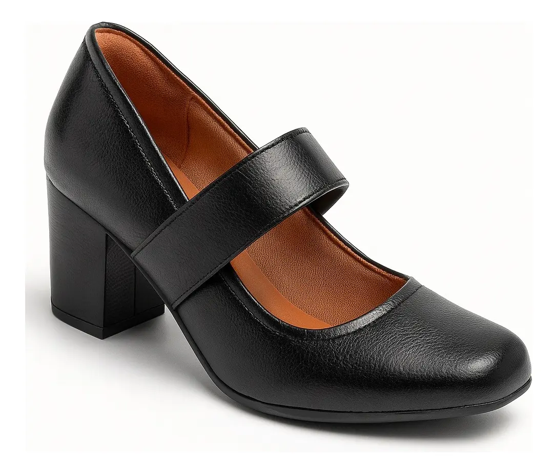 Sapato Boneca Social Preto Branco Feminino Salto Grosso 09