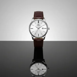 Relógio Masculino Preto Saint Germain Correia De Couro Marrom Caixa Prateada Fundo Prata 42mm Elegante Clássico