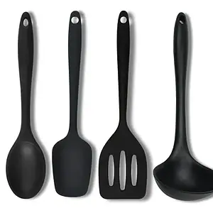 Kit 4 Utensílios Silicone Preto Espátulas Colher E Concha